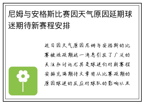尼姆与安格斯比赛因天气原因延期球迷期待新赛程安排